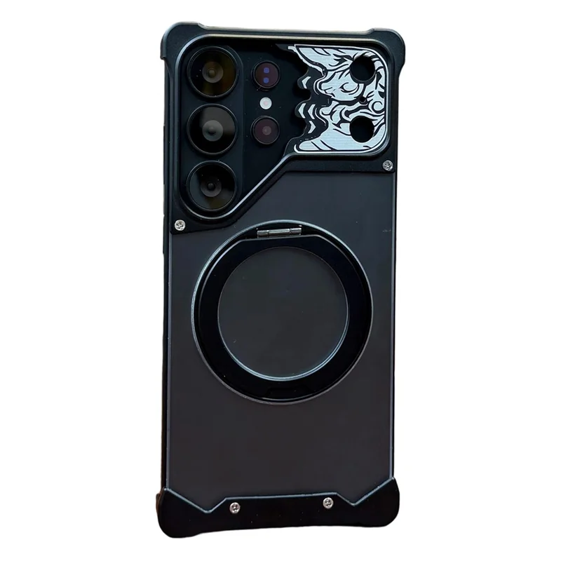 Capa de Telemóvel PC Mate Translúcida sem Moldura para Samsung Galaxy S24 Ultra com Suporte de Apoio Magnético e Padrão de Cavalo - Preto