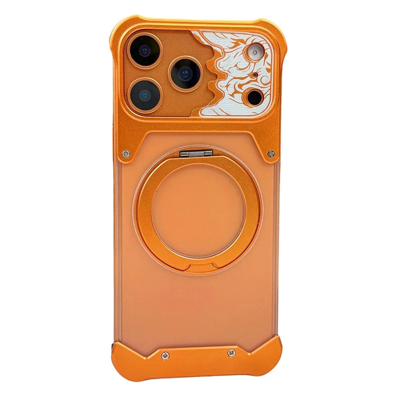Cover per iPhone 17 Pro Max Senza Cornici con Supporto Magnetico Rotante e Motivo a Cavallo, Trasparente Opaca in PC - Arancione