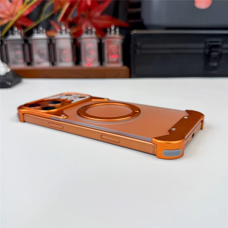 Cover per iPhone 17 Pro Max Senza Cornici con Supporto Magnetico Rotante e Motivo a Cavallo, Trasparente Opaca in PC - Arancione