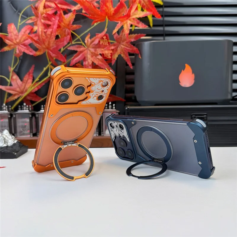 Cover per iPhone 17 Pro Max Senza Cornici con Supporto Magnetico Rotante e Motivo a Cavallo, Trasparente Opaca in PC - Arancione