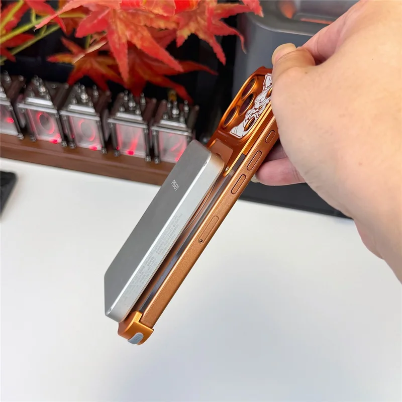 Cover per iPhone 17 Pro Max Senza Cornici con Supporto Magnetico Rotante e Motivo a Cavallo, Trasparente Opaca in PC - Arancione
