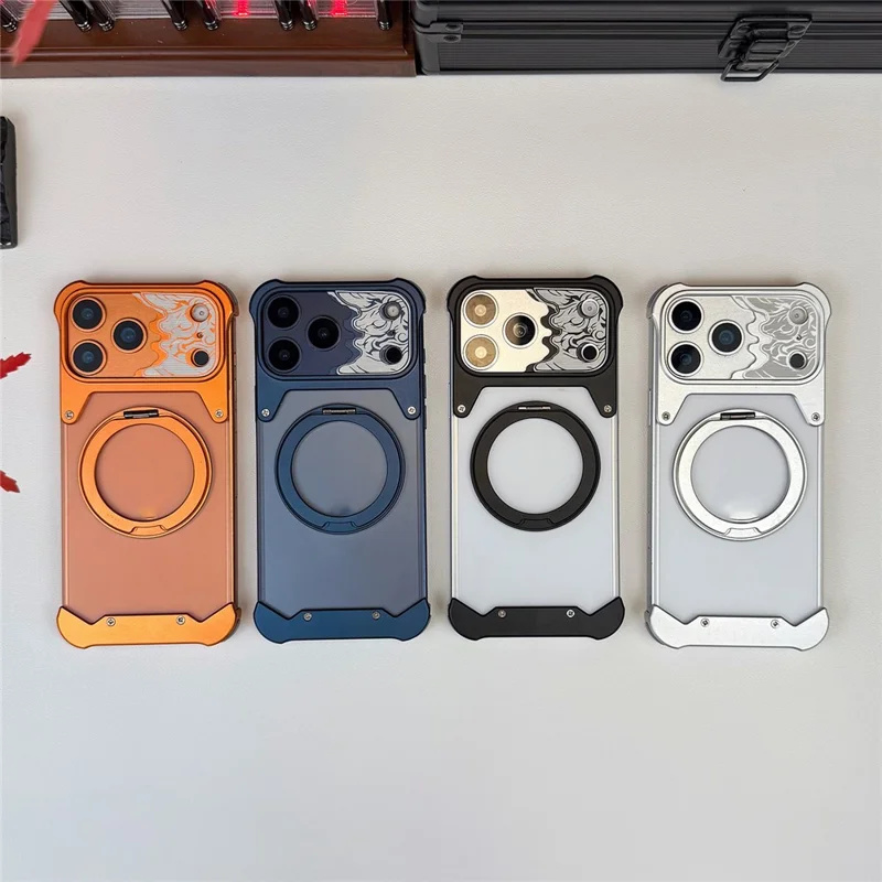 Cover per iPhone 17 Pro Max Senza Cornici con Supporto Magnetico Rotante e Motivo a Cavallo, Trasparente Opaca in PC - Arancione