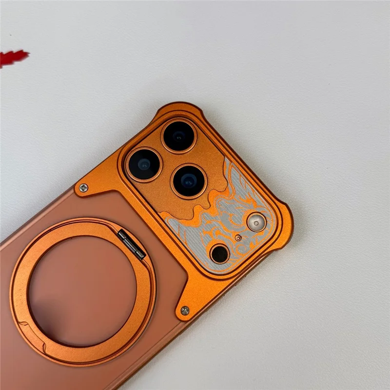For iPhone 17 Pro Frameless Case Magnetic Kickstand Horse Pattern Translucent Matte PC Phone Cover - Orange