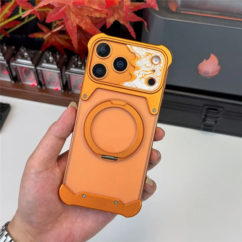 For iPhone 17 Pro Frameless Case Magnetic Kickstand Horse Pattern Translucent Matte PC Phone Cover - Orange
