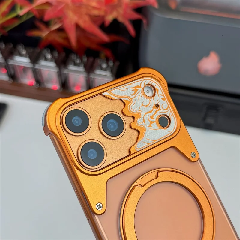For iPhone 17 Pro Frameless Case Magnetic Kickstand Horse Pattern Translucent Matte PC Phone Cover - Orange