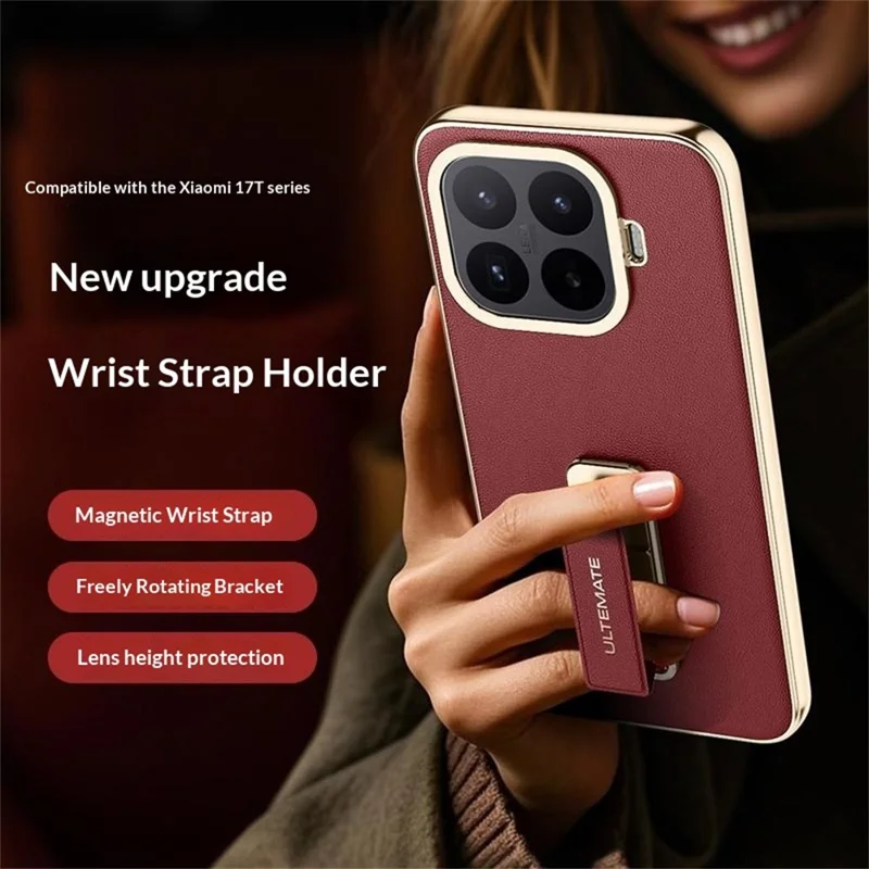 Capa para Xiaomi 17T com Alça de Pulso e Suporte de Mesa em Pele + TPU, Capa Protetora à Prova de Choques - Vermelho