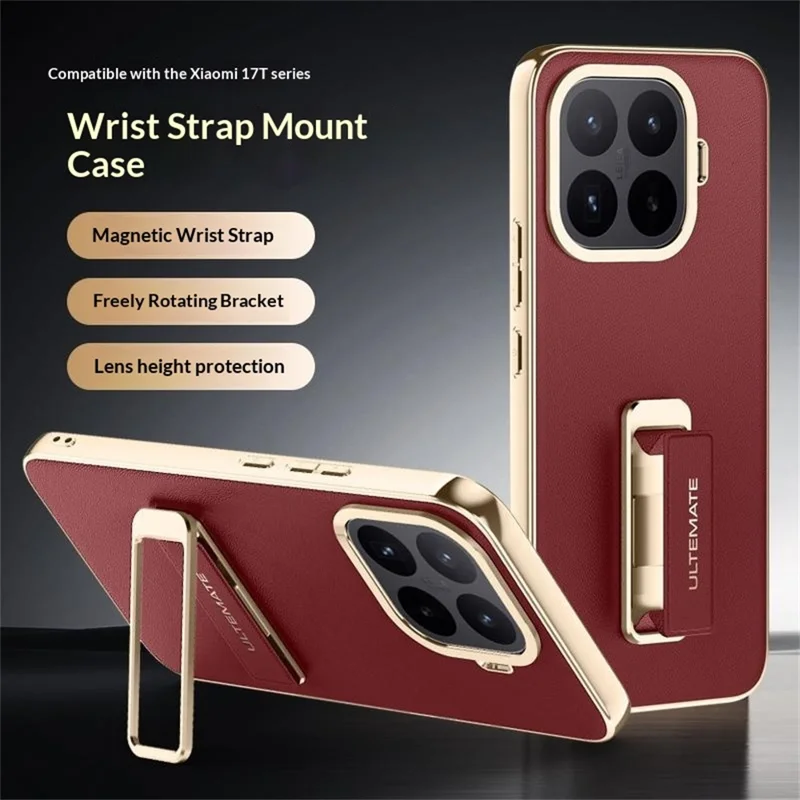 Capa para Xiaomi 17T com Alça de Pulso e Suporte de Mesa em Pele + TPU, Capa Protetora à Prova de Choques - Vermelho