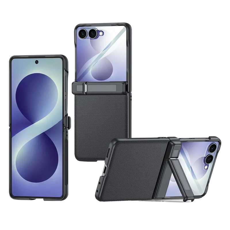 Чехол для Samsung Galaxy Z Flip8 5G с петлей-подставкой, кожаный чехол из поликарбоната с прозрачной HD защитной пленкой - Черный