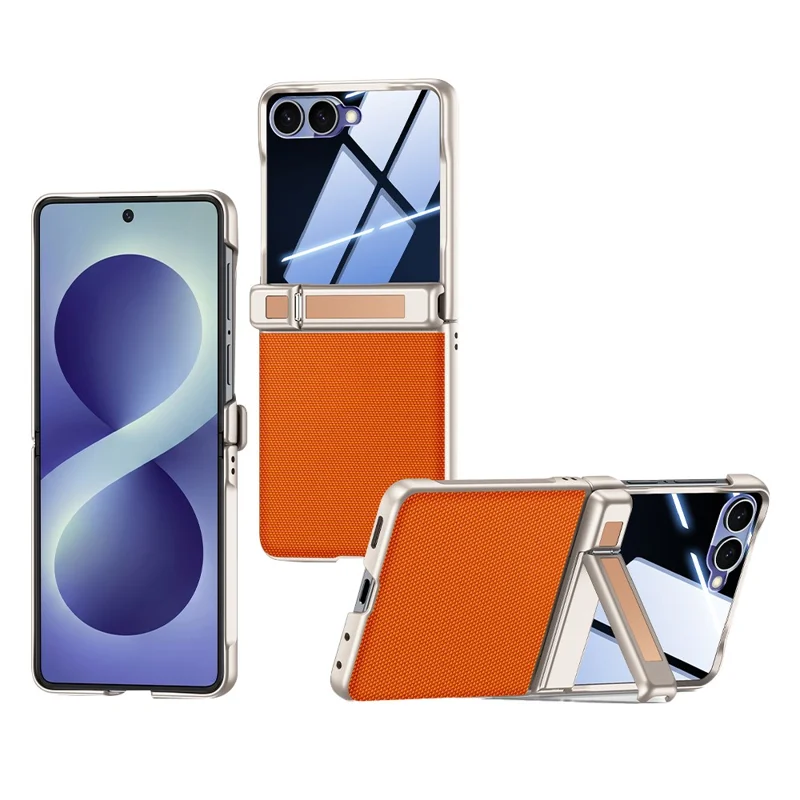 Etui do Samsung Galaxy Z Flip8 5G z zawiasem podpórkowym, skórzane pokrycie PC z ochroną ekranu z prywatnym szkłem hartowanym - Pomarańczowy