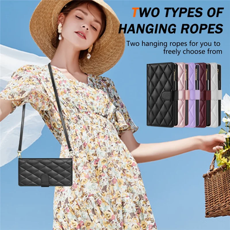 For Samsung Galaxy Z Fold8 Ultra Case Rhombus Stitching Leather Wallet Phone Cover with Long    /    Short Strap - Black