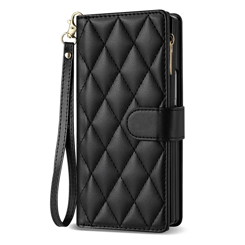 For Samsung Galaxy Z Fold8 Ultra Case Rhombus Stitching Leather Wallet Phone Cover with Long    /    Short Strap - Black