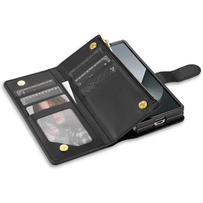 For Samsung Galaxy Z Fold8 Ultra Case Rhombus Stitching Leather Wallet Phone Cover with Long    /    Short Strap - Black