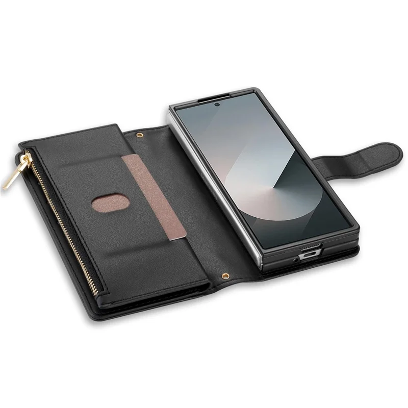 For Samsung Galaxy Z Fold8 Ultra Case Rhombus Stitching Leather Wallet Phone Cover with Long    /    Short Strap - Black