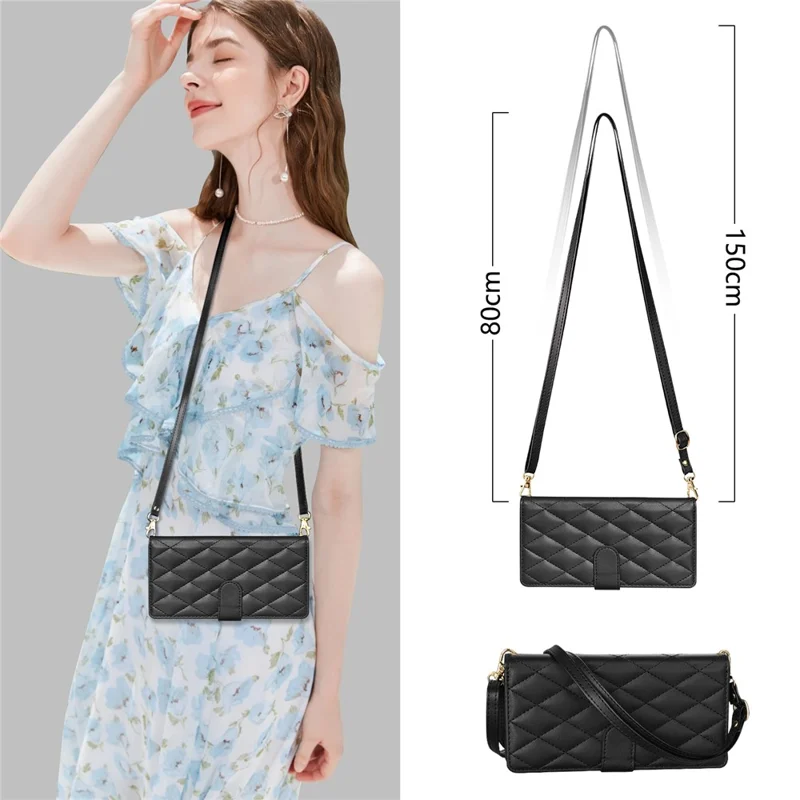 For Samsung Galaxy Z Fold8 Ultra Case Rhombus Stitching Leather Wallet Phone Cover with Long    /    Short Strap - Black
