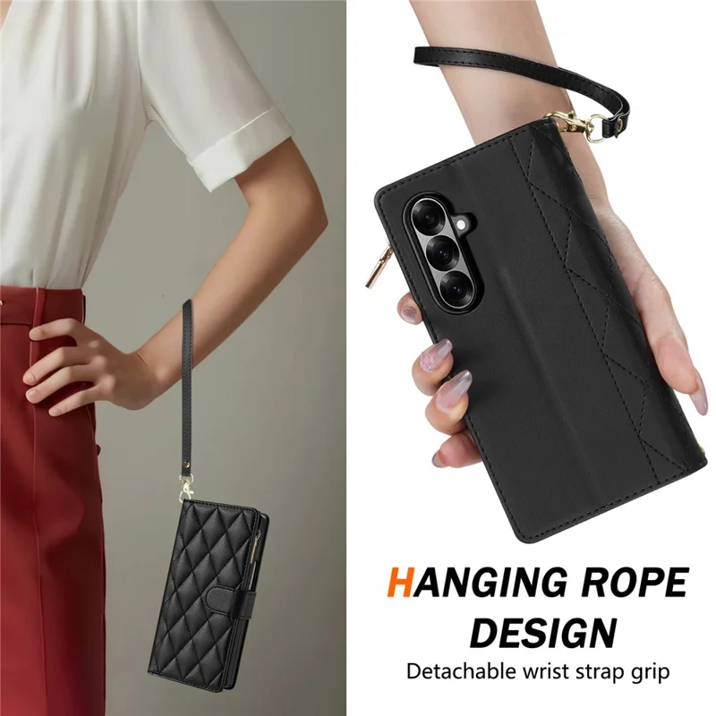 For Samsung Galaxy Z Fold8 Ultra Case Rhombus Stitching Leather Wallet Phone Cover with Long    /    Short Strap - Black