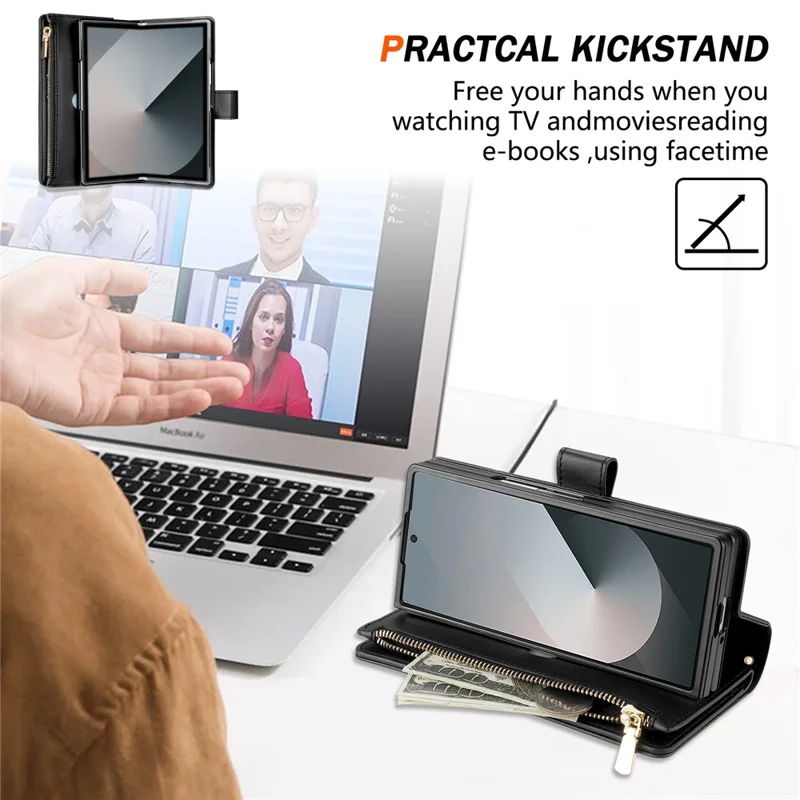 For Samsung Galaxy Z Fold8 Ultra Case Rhombus Stitching Leather Wallet Phone Cover with Long    /    Short Strap - Black
