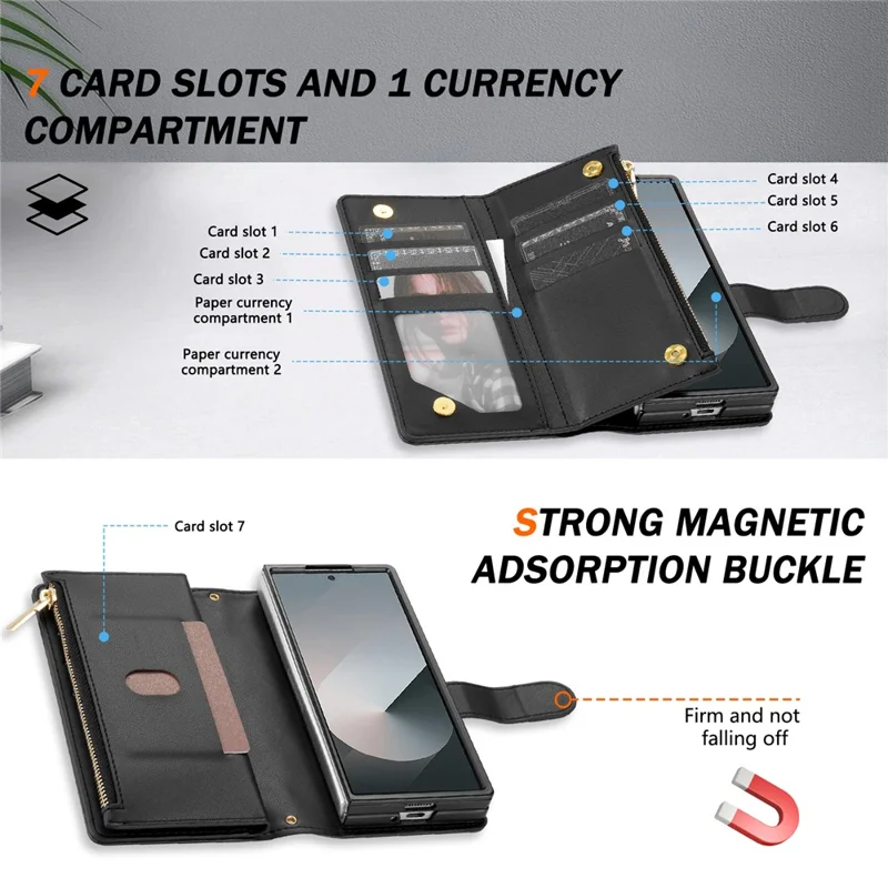 For Samsung Galaxy Z Fold8 Ultra Case Rhombus Stitching Leather Wallet Phone Cover with Long    /    Short Strap - Black