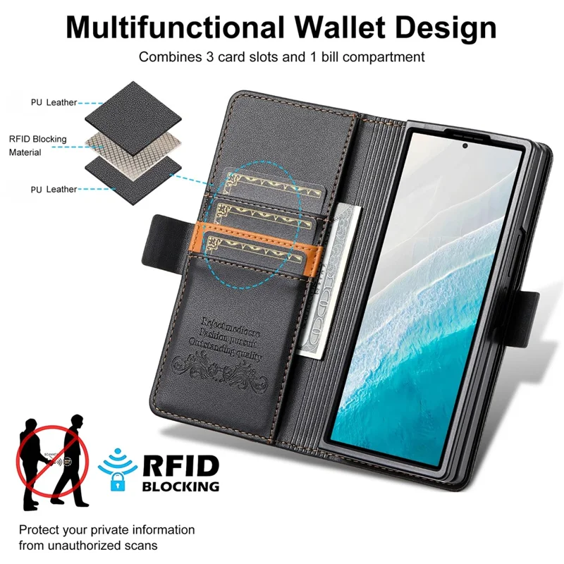 N.BEKUS för Samsung Galaxy Z Fold8 Ultra ställfodral med RFID-skydd, plånbetsfodral i PU-läder - Svart