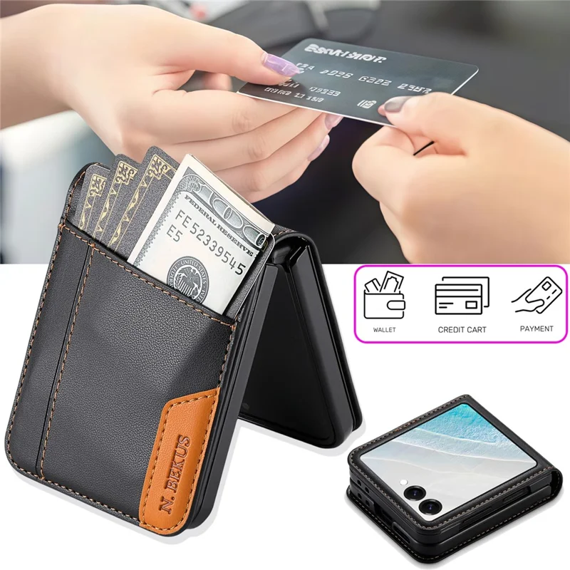 N.BEKUS Custodia per Samsung Galaxy Z Flip8 con Portatessere in PU + PC Copertura Posteriore del Telefono - Nero