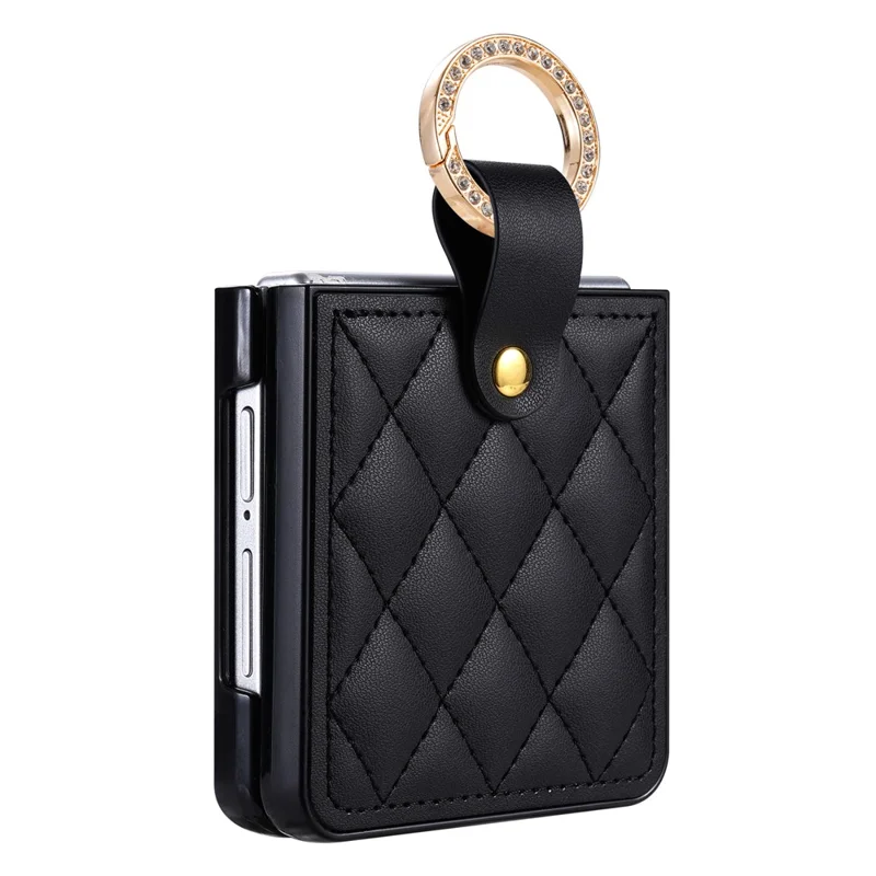 For Samsung Galaxy Z Flip8 Case Quilted Leather Phone Cover with Ring Holder - Black