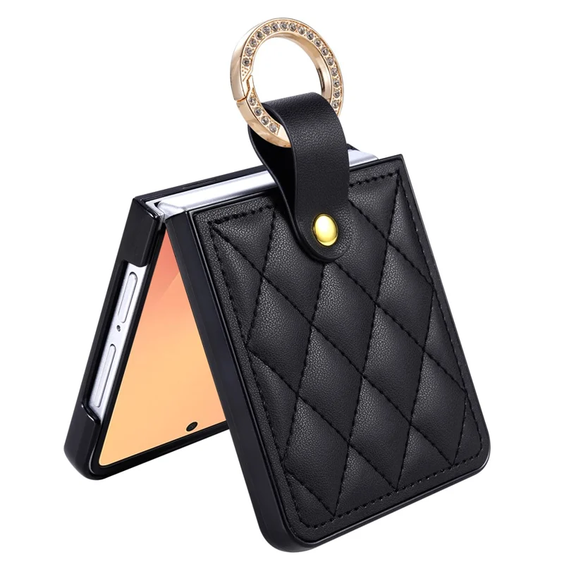 For Samsung Galaxy Z Flip8 Case Quilted Leather Phone Cover with Ring Holder - Black