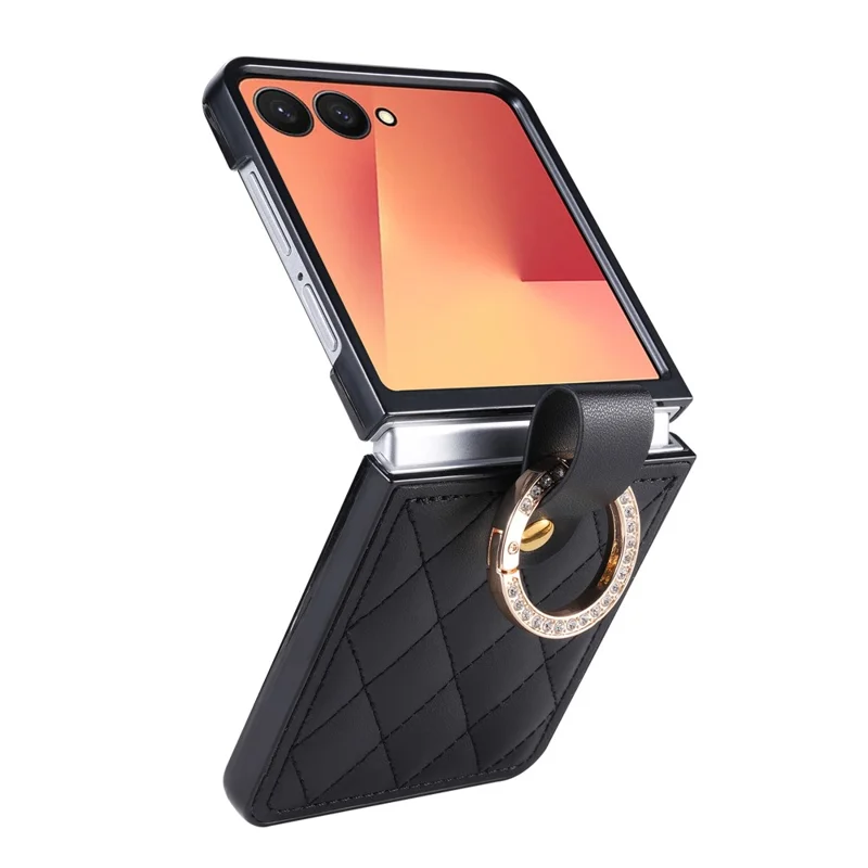 For Samsung Galaxy Z Flip8 Case Quilted Leather Phone Cover with Ring Holder - Black