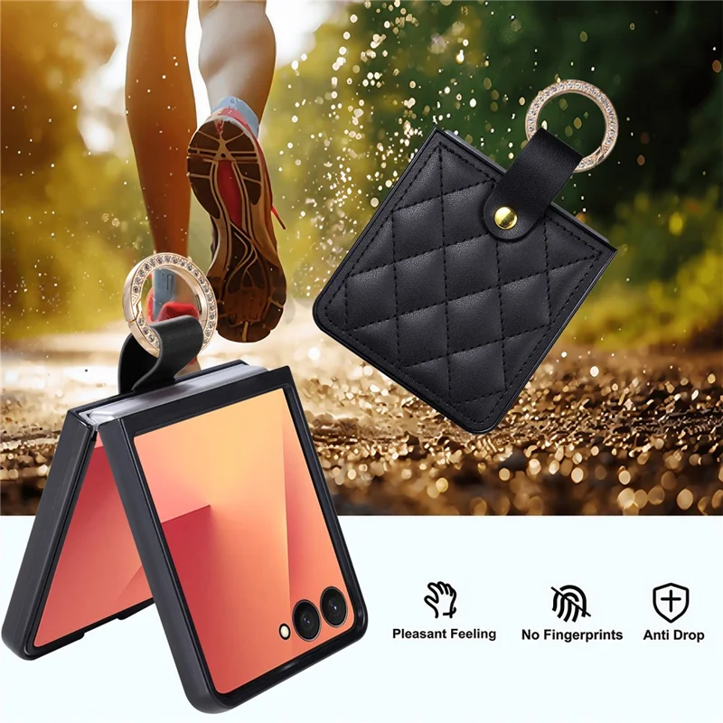 For Samsung Galaxy Z Flip8 Case Quilted Leather Phone Cover with Ring Holder - Black