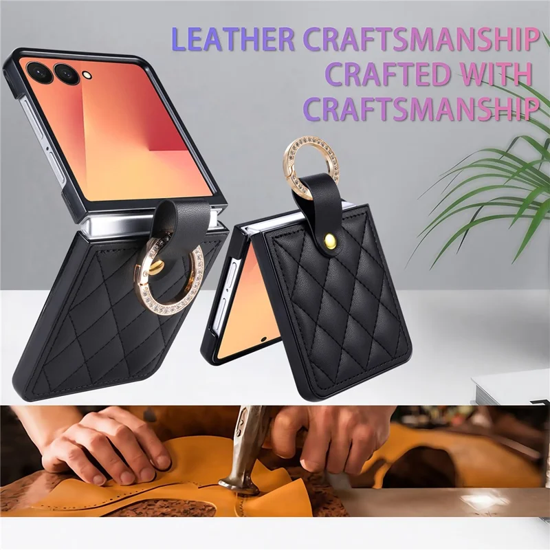 For Samsung Galaxy Z Flip8 Case Quilted Leather Phone Cover with Ring Holder - Black