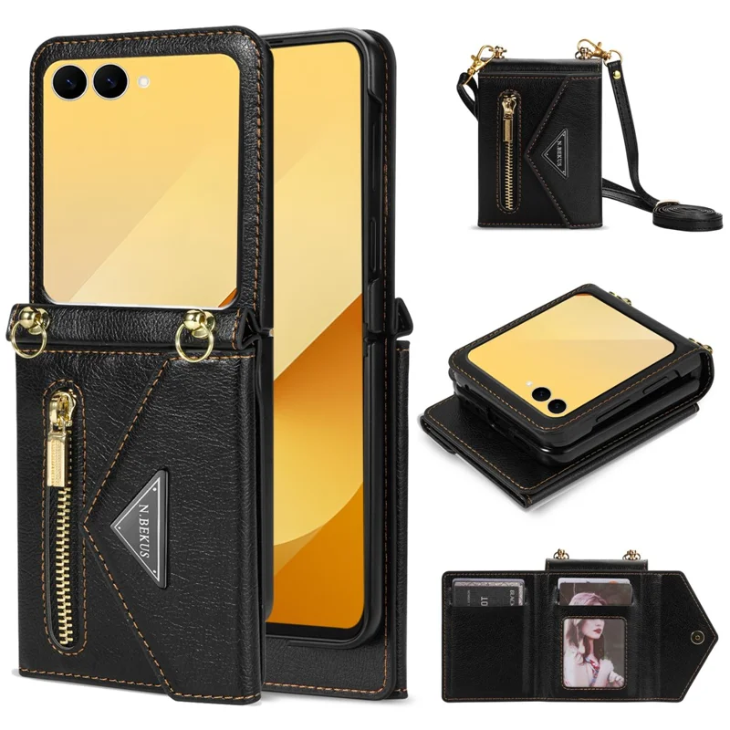 N.BEKUS Custodia per Samsung Galaxy Z Flip8 con Porta Carte con Cerniera, Cover in PU + PC con Tracolla - Nero