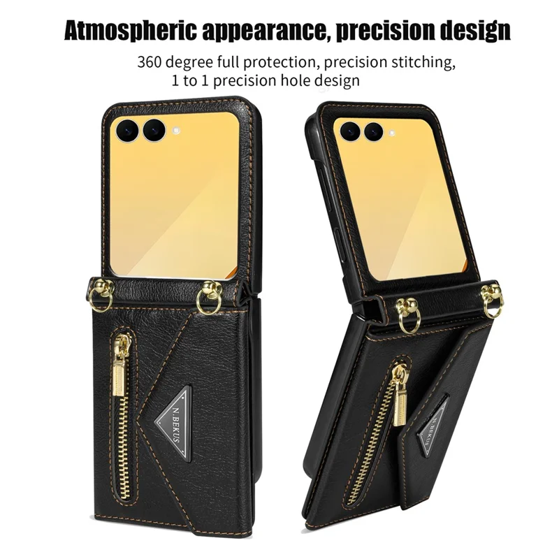 N.BEKUS Custodia per Samsung Galaxy Z Flip8 con Porta Carte con Cerniera, Cover in PU + PC con Tracolla - Nero