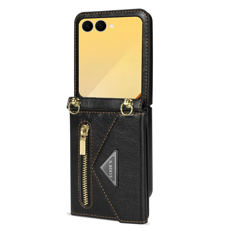 N.BEKUS Custodia per Samsung Galaxy Z Flip8 con Porta Carte con Cerniera, Cover in PU + PC con Tracolla - Nero