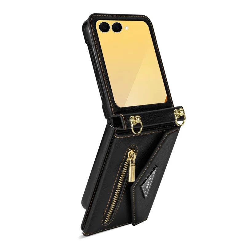 N.BEKUS Custodia per Samsung Galaxy Z Flip8 con Porta Carte con Cerniera, Cover in PU + PC con Tracolla - Nero