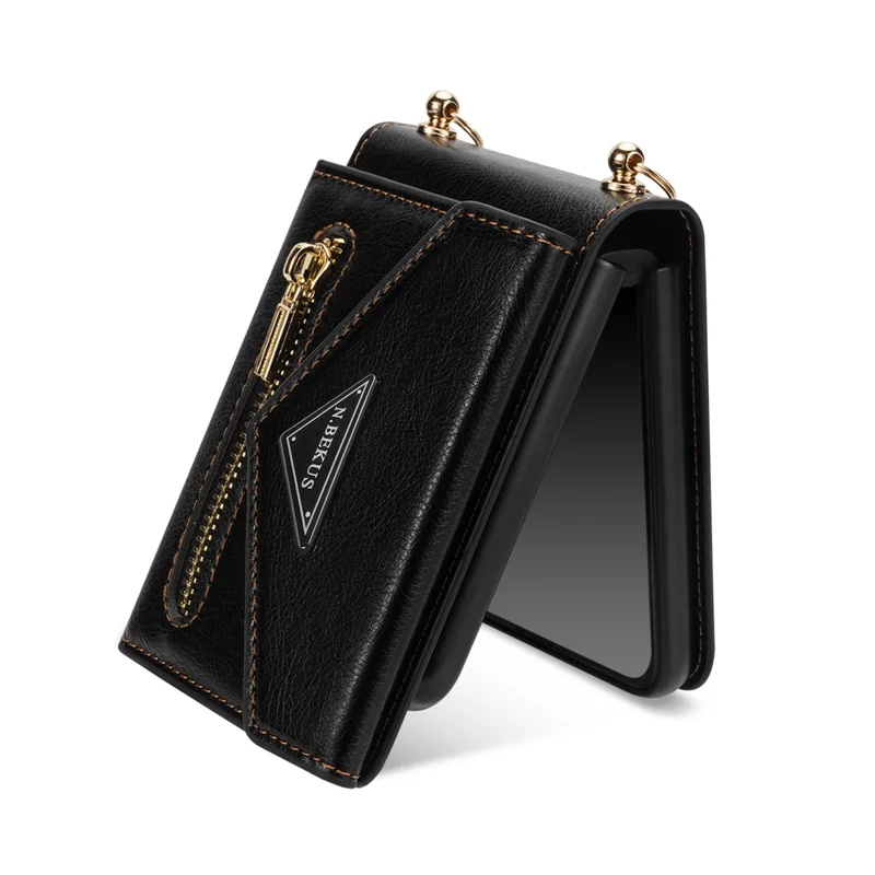 N.BEKUS Custodia per Samsung Galaxy Z Flip8 con Porta Carte con Cerniera, Cover in PU + PC con Tracolla - Nero
