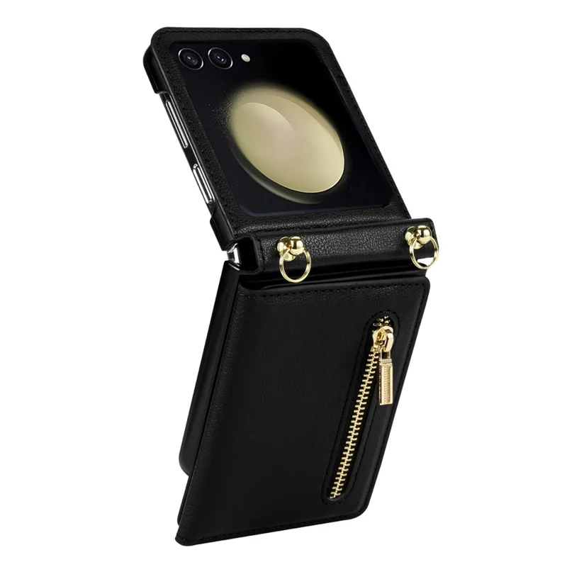 For Samsung Galaxy Z Flip8 Case Zipper Wallet PU + TPU + PC Phone Cover with Shoulder Strap - Black