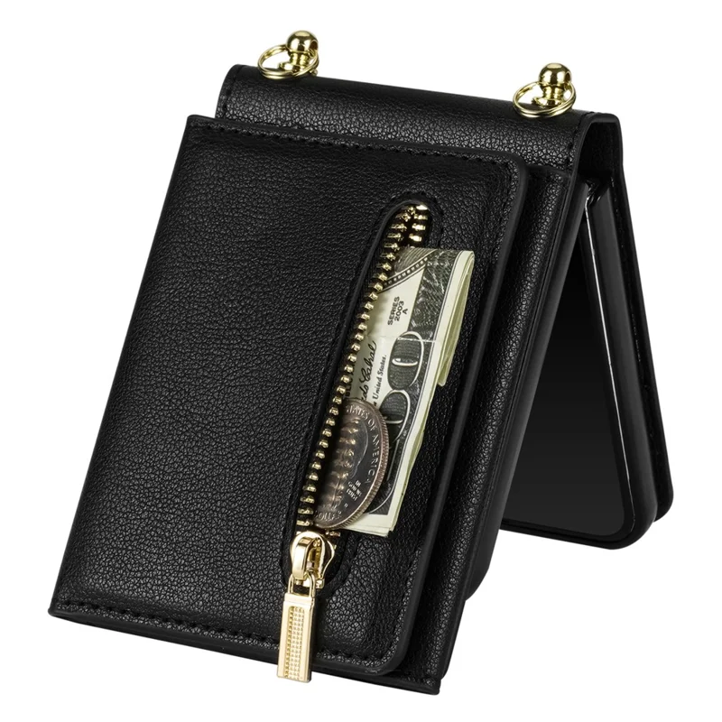 For Samsung Galaxy Z Flip8 Case Zipper Wallet PU + TPU + PC Phone Cover with Shoulder Strap - Black