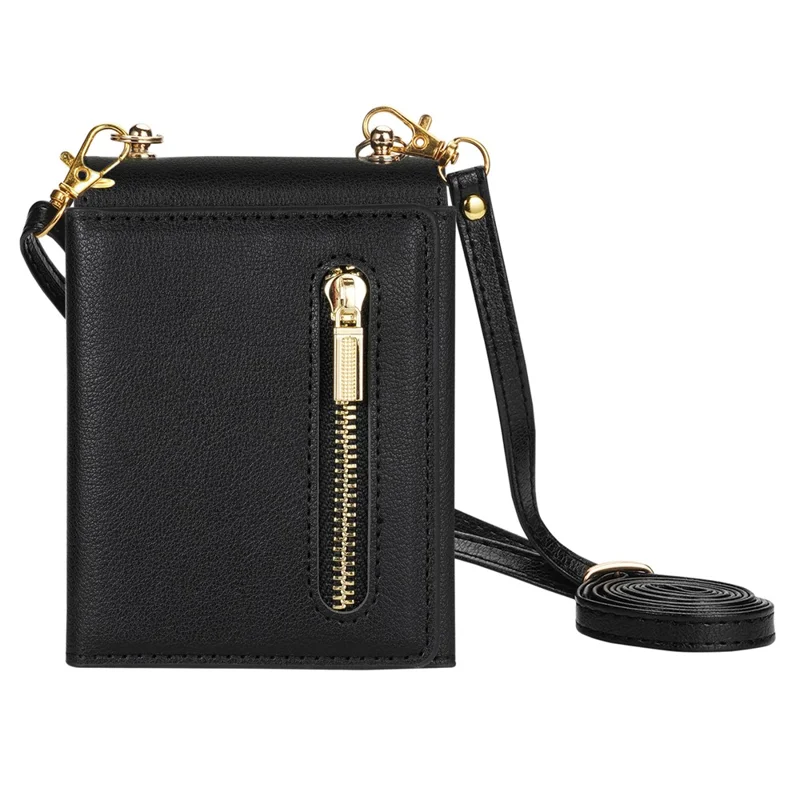 For Samsung Galaxy Z Flip8 Case Zipper Wallet PU + TPU + PC Phone Cover with Shoulder Strap - Black