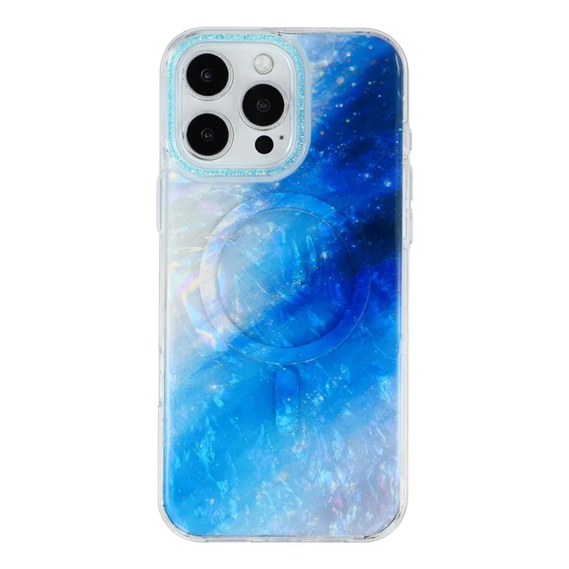 For iPhone 16 Pro Magnetic Case Shell Pattern Gradient PC+TPU Epoxy Phone Cover - Blue