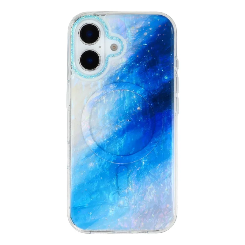 For iPhone 16 Magnetic Case Shell Pattern Gradient PC+TPU Epoxy Phone Cover - Blue