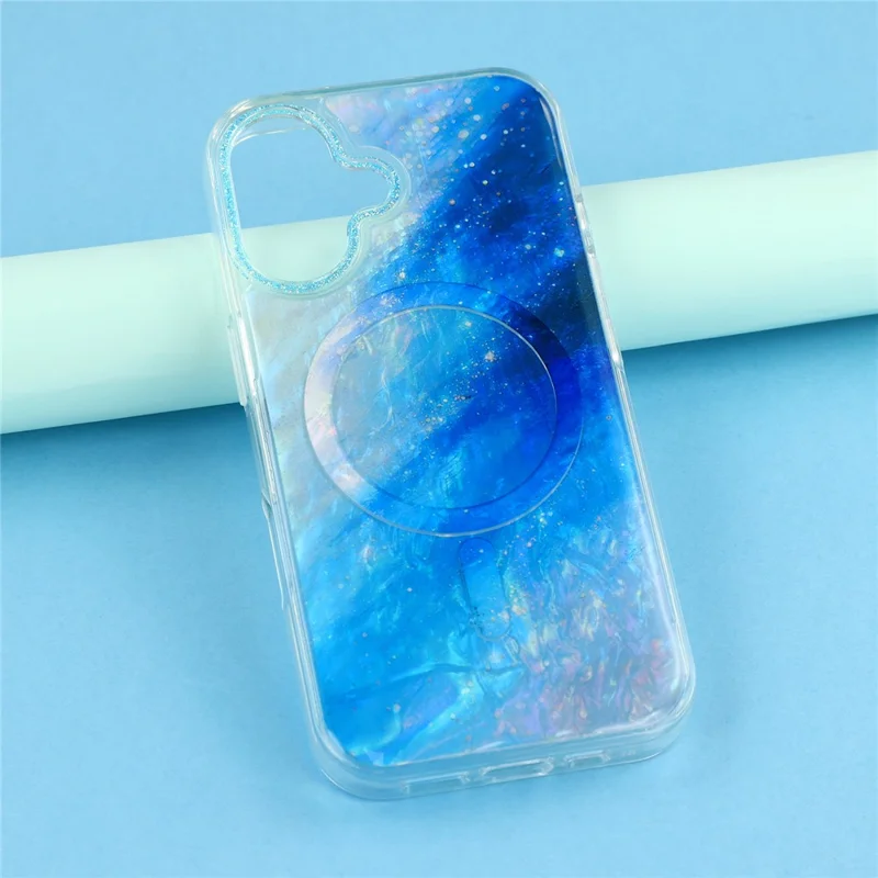 For iPhone 16 Magnetic Case Shell Pattern Gradient PC+TPU Epoxy Phone Cover - Blue