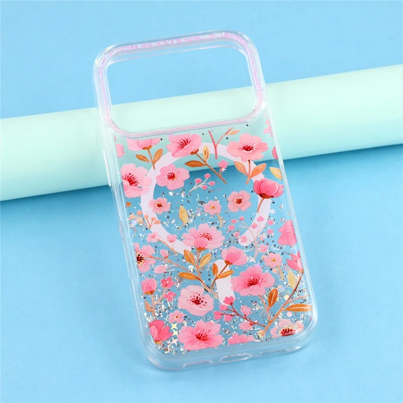 For iPhone 17 Pro Max Magnetic Case Glitter Epoxy PC + TPU Floral Aesthetic Phone Cover - Pink Peach Blossoms