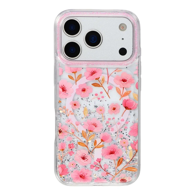 For iPhone 17 Pro Magnetic Case Glitter Epoxy PC + TPU Floral Aesthetic Phone Cover - Pink Peach Blossoms