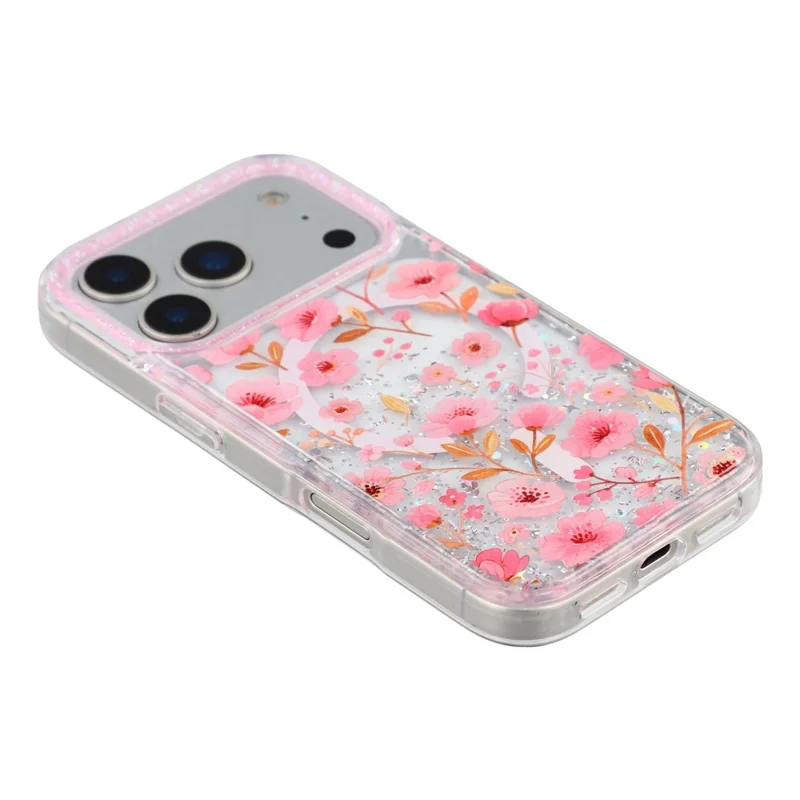 For iPhone 17 Pro Magnetic Case Glitter Epoxy PC + TPU Floral Aesthetic Phone Cover - Pink Peach Blossoms