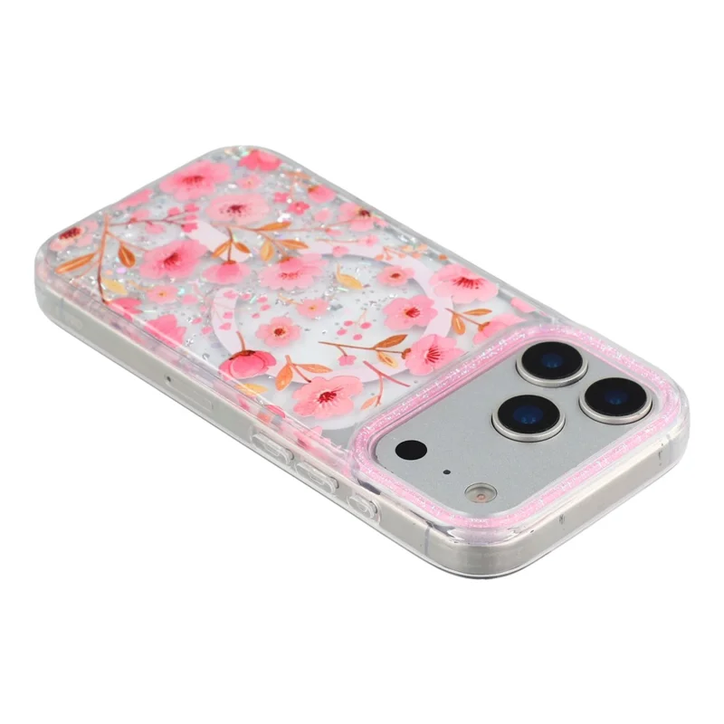 For iPhone 17 Pro Magnetic Case Glitter Epoxy PC + TPU Floral Aesthetic Phone Cover - Pink Peach Blossoms