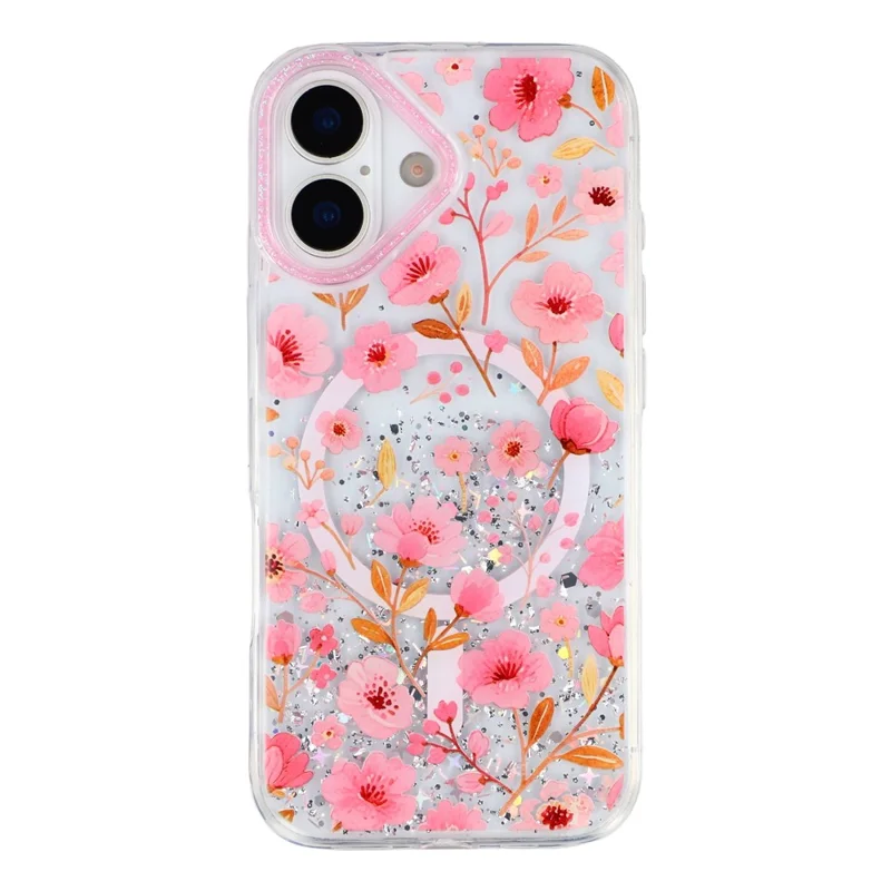 For iPhone 17 Magnetic Case Glitter Epoxy PC + TPU Floral Aesthetic Phone Cover - Pink Peach Blossoms