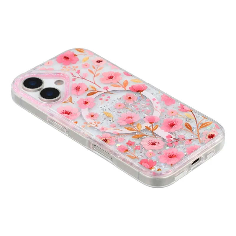 For iPhone 17 Magnetic Case Glitter Epoxy PC + TPU Floral Aesthetic Phone Cover - Pink Peach Blossoms