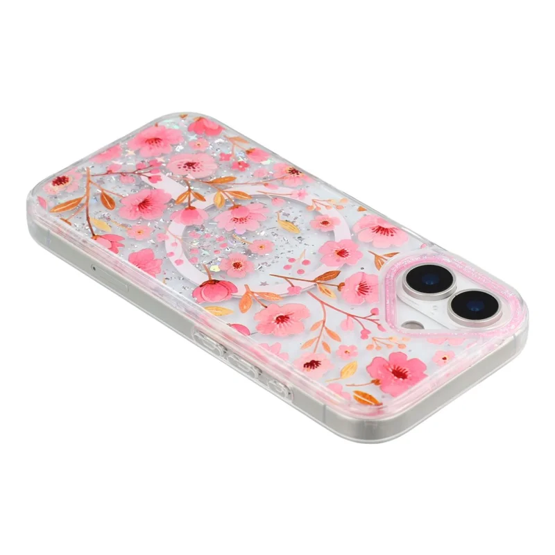 For iPhone 17 Magnetic Case Glitter Epoxy PC + TPU Floral Aesthetic Phone Cover - Pink Peach Blossoms