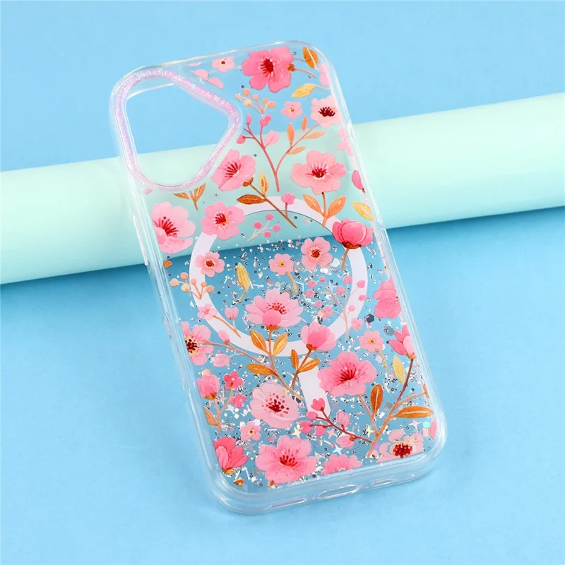 For iPhone 17 Magnetic Case Glitter Epoxy PC + TPU Floral Aesthetic Phone Cover - Pink Peach Blossoms