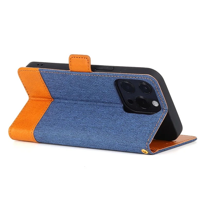 For iPhone 14 Pro Splicing Design Canvas+PU Leather+TPU Phone Case Magnetic Clasp Phone Stand Wallet Cover - Blue