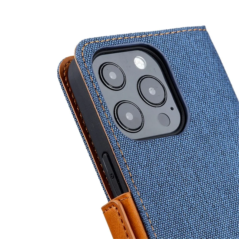 For iPhone 14 Pro Splicing Design Canvas+PU Leather+TPU Phone Case Magnetic Clasp Phone Stand Wallet Cover - Blue