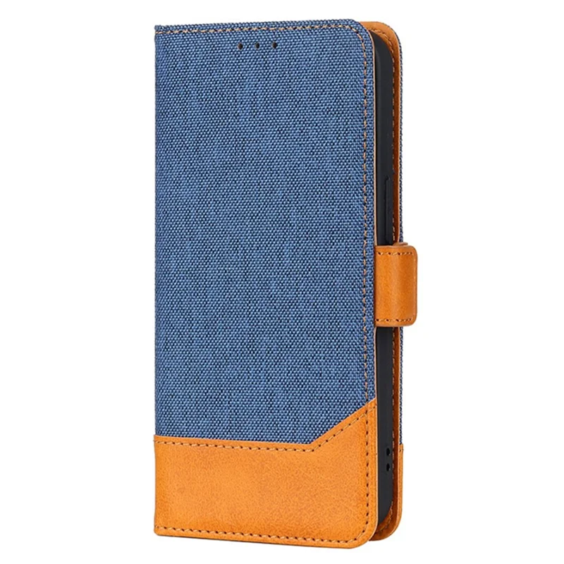 For iPhone 14 Pro Splicing Design Canvas+PU Leather+TPU Phone Case Magnetic Clasp Phone Stand Wallet Cover - Blue